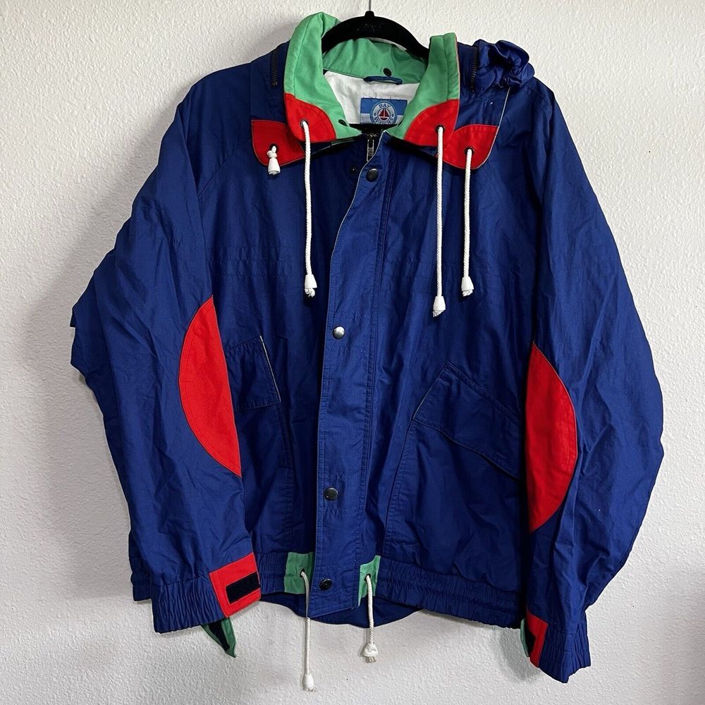 Vintage 90's‎ Bay Waters Hooded Wind Breaker Men's Size Medium Blue Red Full Zip